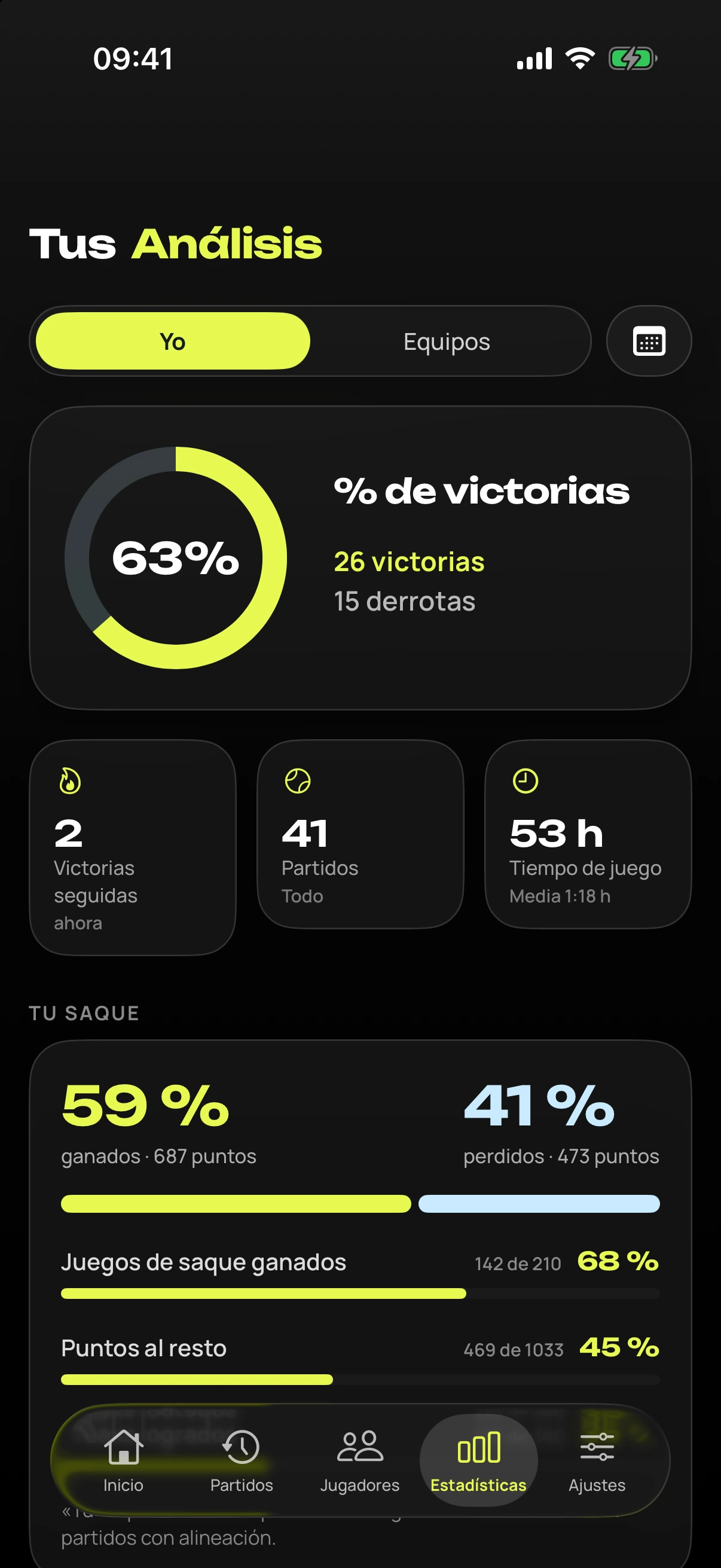 iPhone con el análisis y el % de victorias