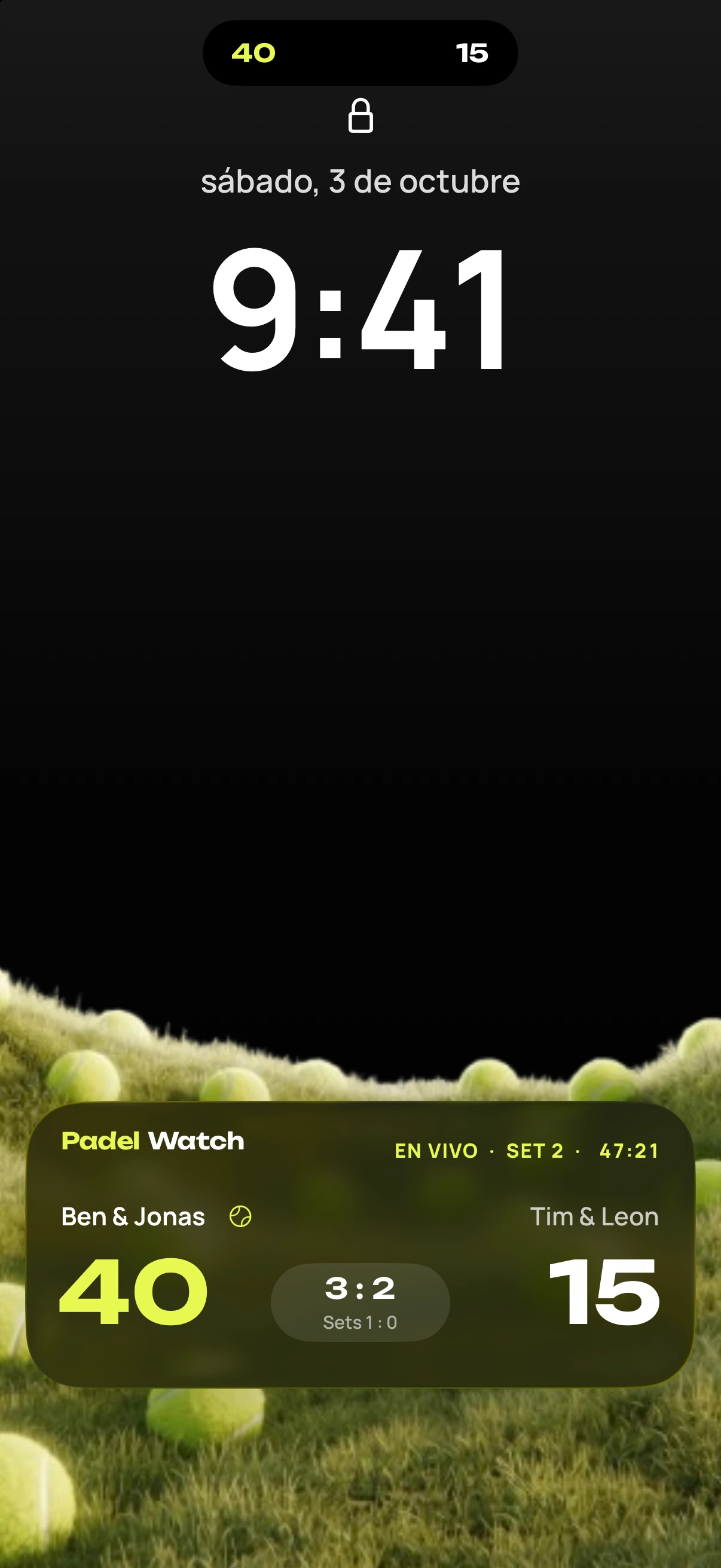 Pantalla de bloqueo del iPhone con la Actividad en directo de Padel Watch