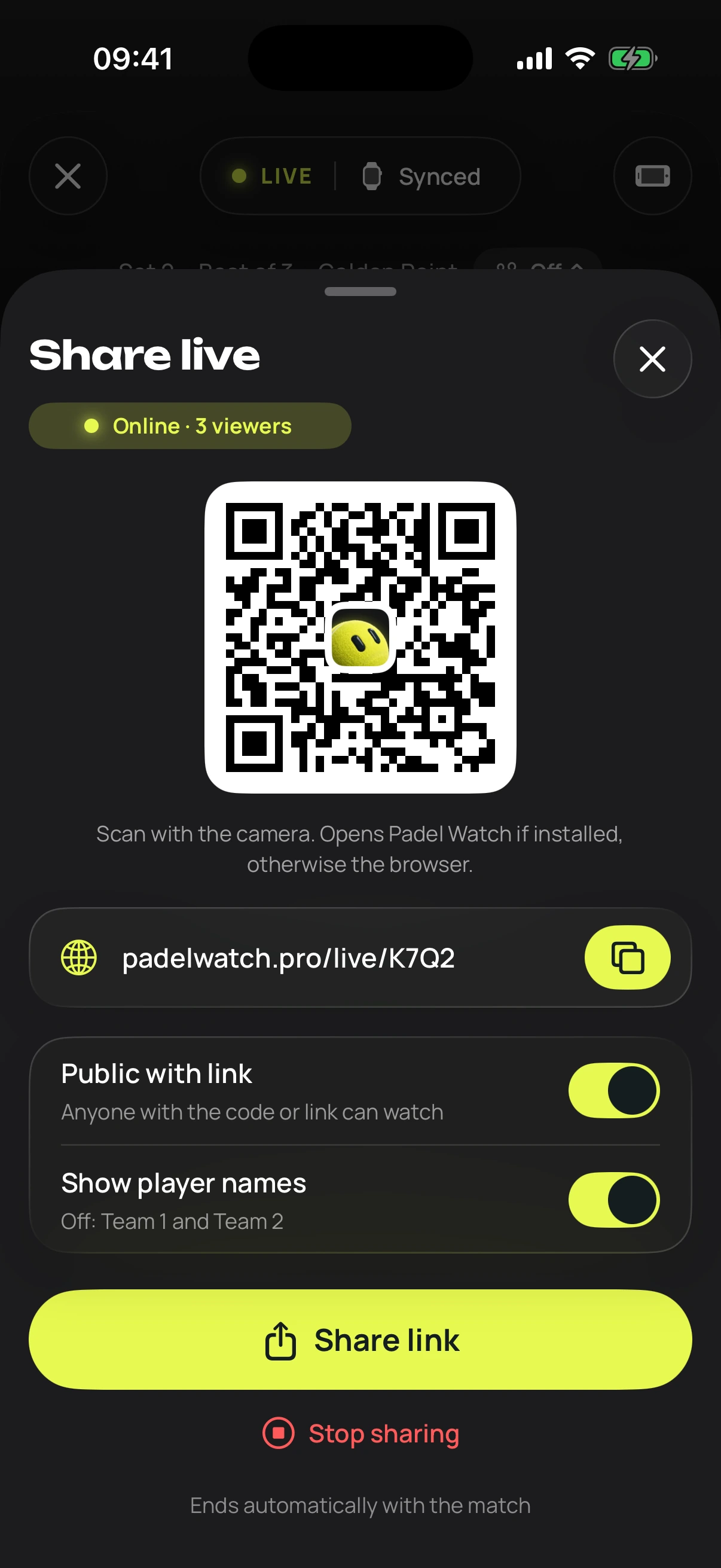 iPhone showing live sharing with QR code and link