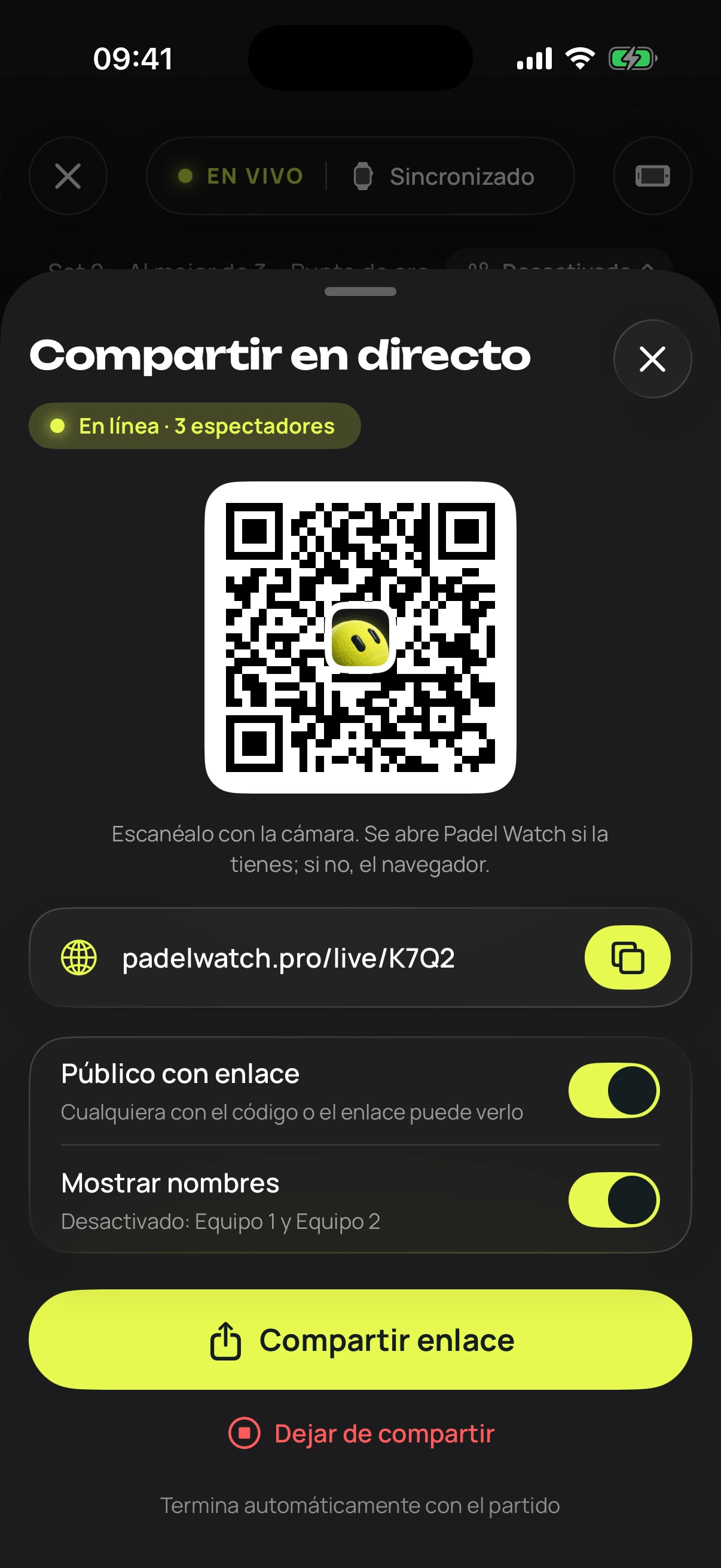 iPhone compartiendo en directo con código QR y enlace